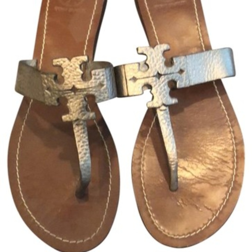 Tory Burch Silver T Leather Moore Logo Sandals